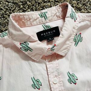 PacSun Light Pink Button-Down Shirt with Green Cactus Print